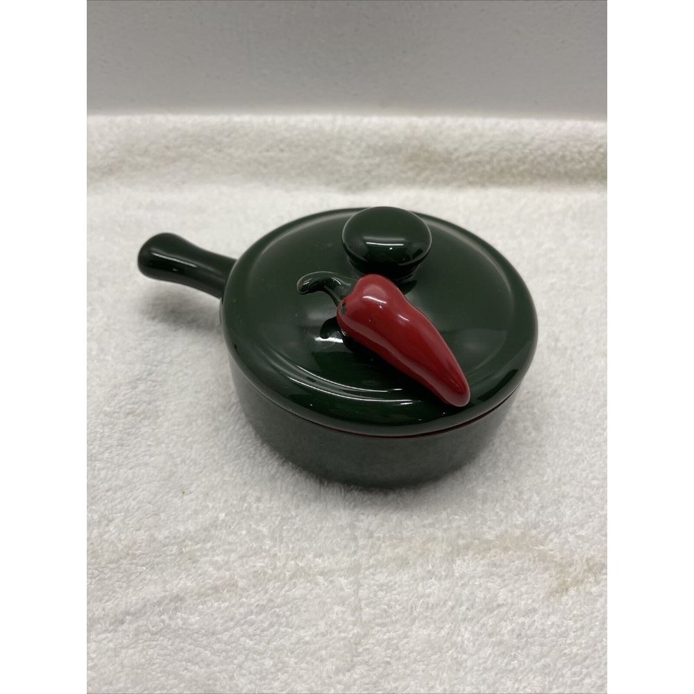 Small Green Terracotta Soup Crock w/ Handle & Lid  Red Chili Pepper Accent